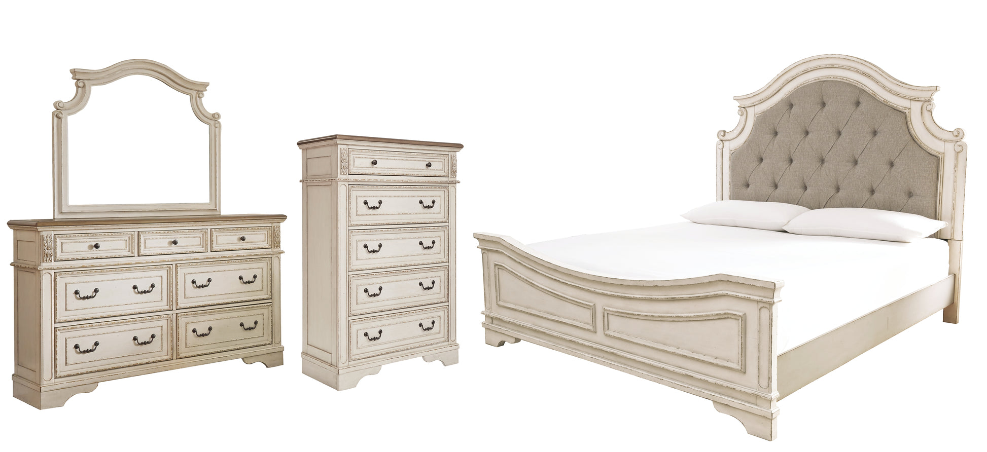 Realyn Queen Upholstered Panel Bed with Mirrored Dresser and Chest Milwaukee Furniture of Chicago - Furniture Store in Chicago Serving Humbolt Park, Roscoe Village, Avondale, & Homan Square