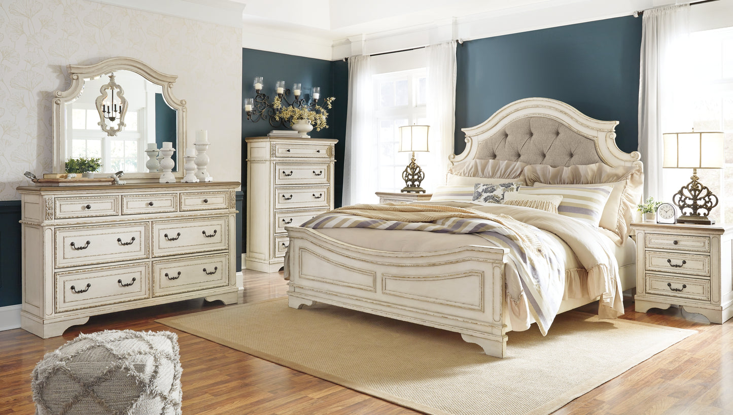 Realyn Queen Upholstered Panel Bed with Mirrored Dresser, Chest and 2 Nightstands Milwaukee Furniture of Chicago - Furniture Store in Chicago Serving Humbolt Park, Roscoe Village, Avondale, & Homan Square