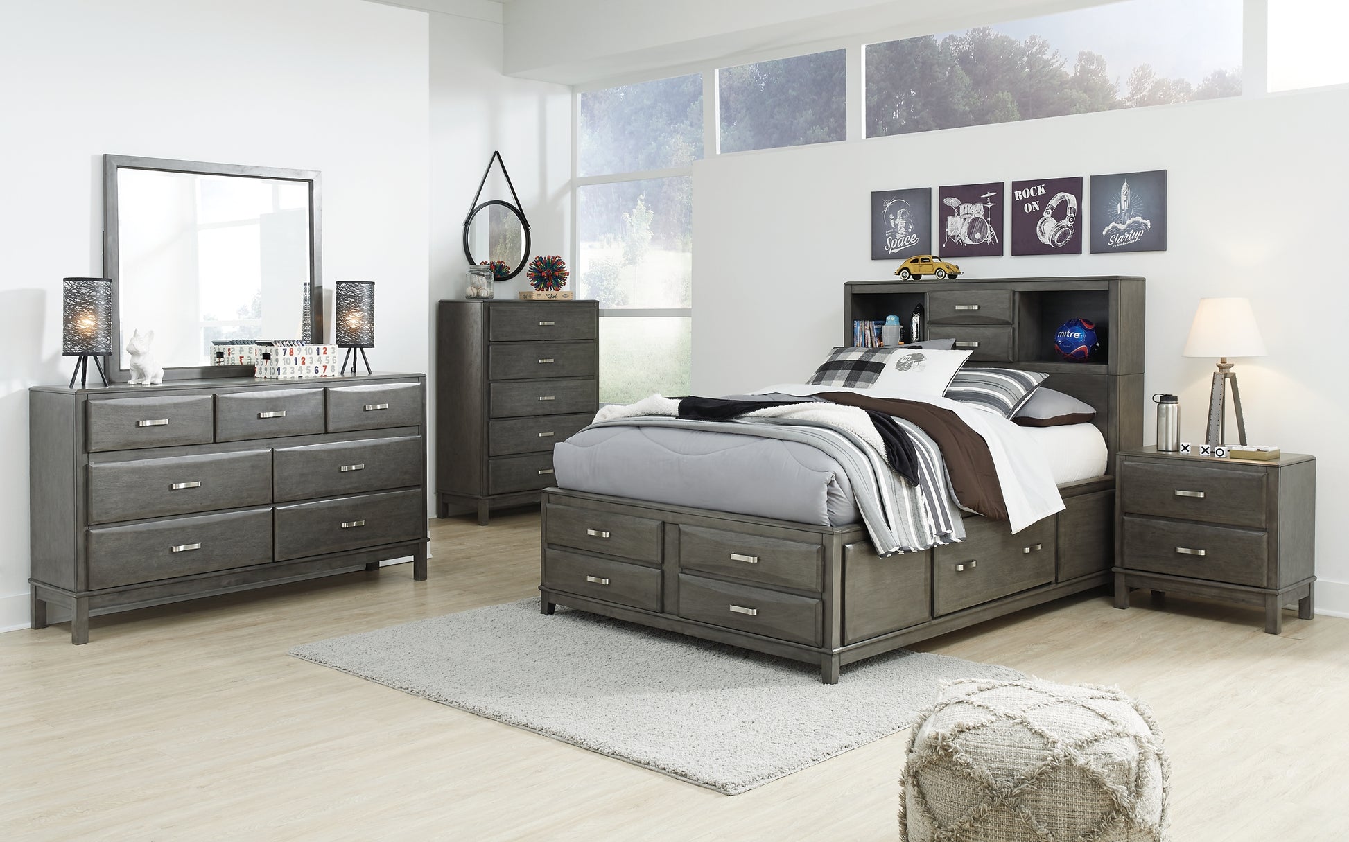 Caitbrook Queen Storage Bed with 8 Storage Drawers with Mirrored Dresser and Chest Milwaukee Furniture of Chicago - Furniture Store in Chicago Serving Humbolt Park, Roscoe Village, Avondale, & Homan Square