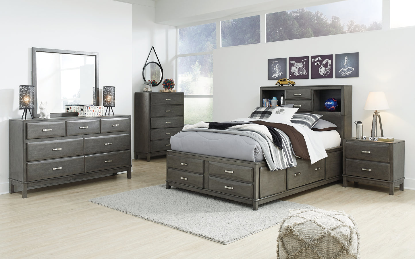 Caitbrook Queen Storage Bed with 8 Storage Drawers with Mirrored Dresser, Chest and 2 Nightstands Milwaukee Furniture of Chicago - Furniture Store in Chicago Serving Humbolt Park, Roscoe Village, Avondale, & Homan Square