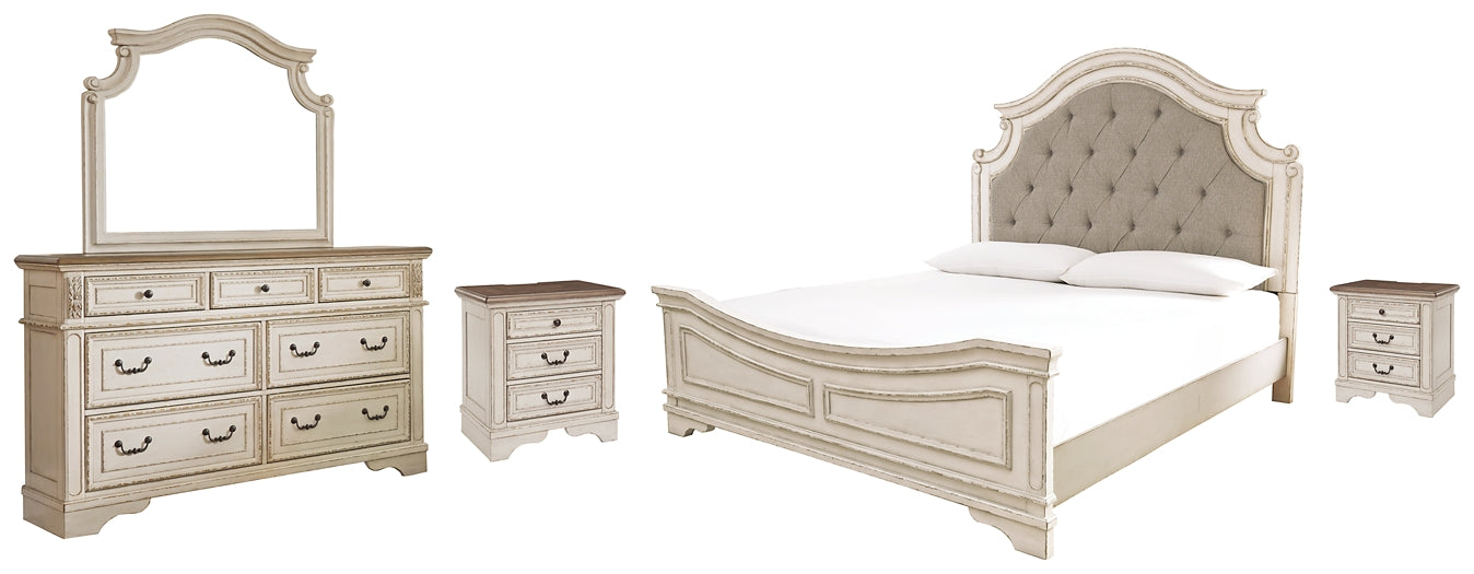 Realyn Queen Upholstered Panel Bed with Mirrored Dresser and 2 Nightstands Milwaukee Furniture of Chicago - Furniture Store in Chicago Serving Humbolt Park, Roscoe Village, Avondale, & Homan Square