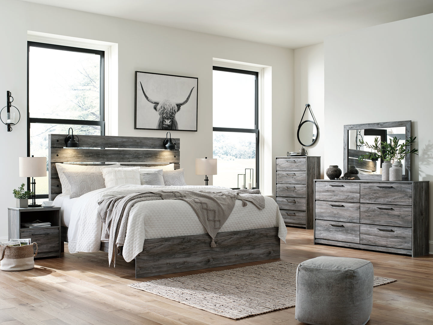 Baystorm King Panel Bed with Mirrored Dresser, Chest and 2 Nightstands Milwaukee Furniture of Chicago - Furniture Store in Chicago Serving Humbolt Park, Roscoe Village, Avondale, & Homan Square