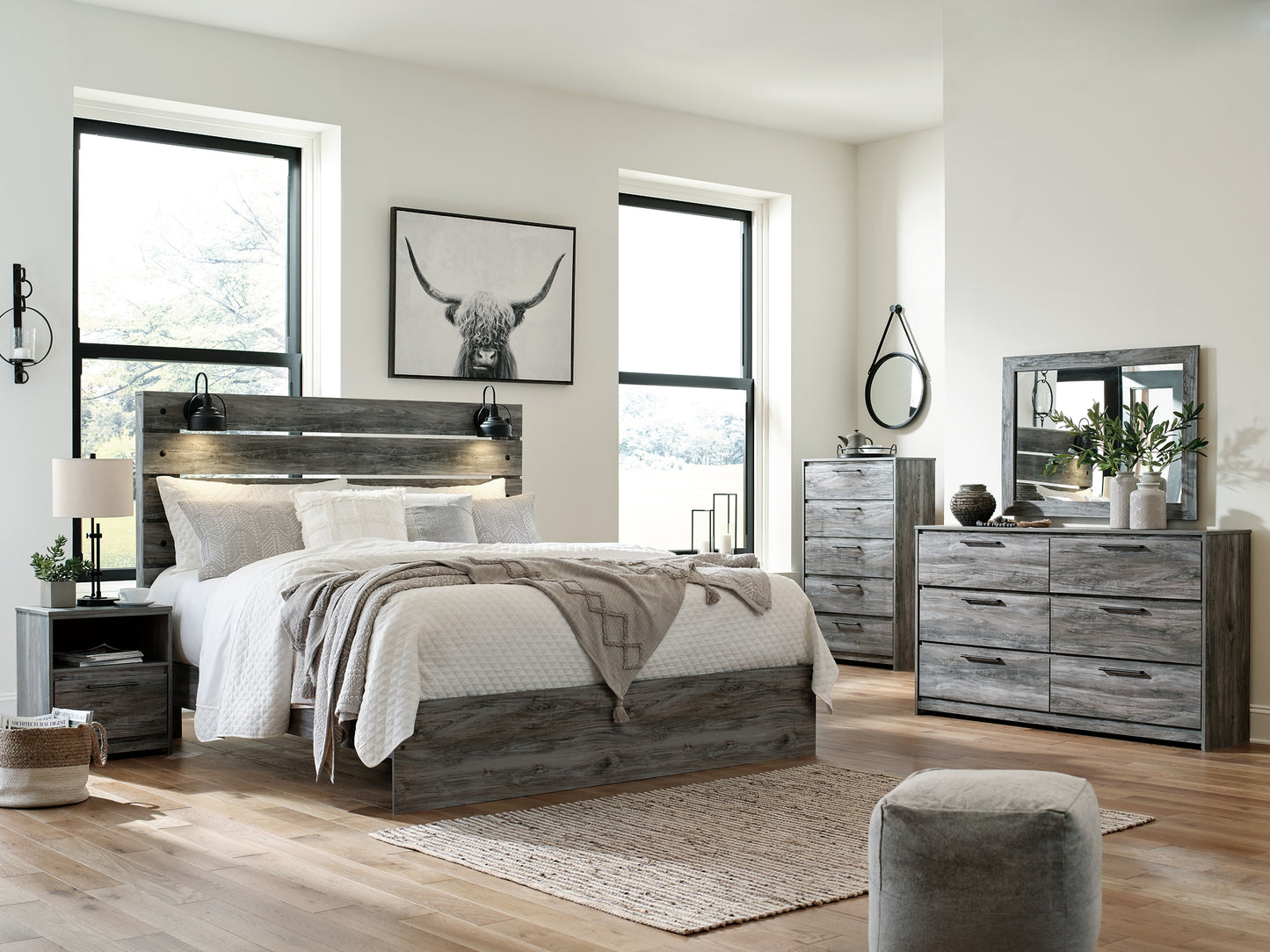 Baystorm King Panel Bed with Mirrored Dresser, Chest and Nightstand Milwaukee Furniture of Chicago - Furniture Store in Chicago Serving Humbolt Park, Roscoe Village, Avondale, & Homan Square