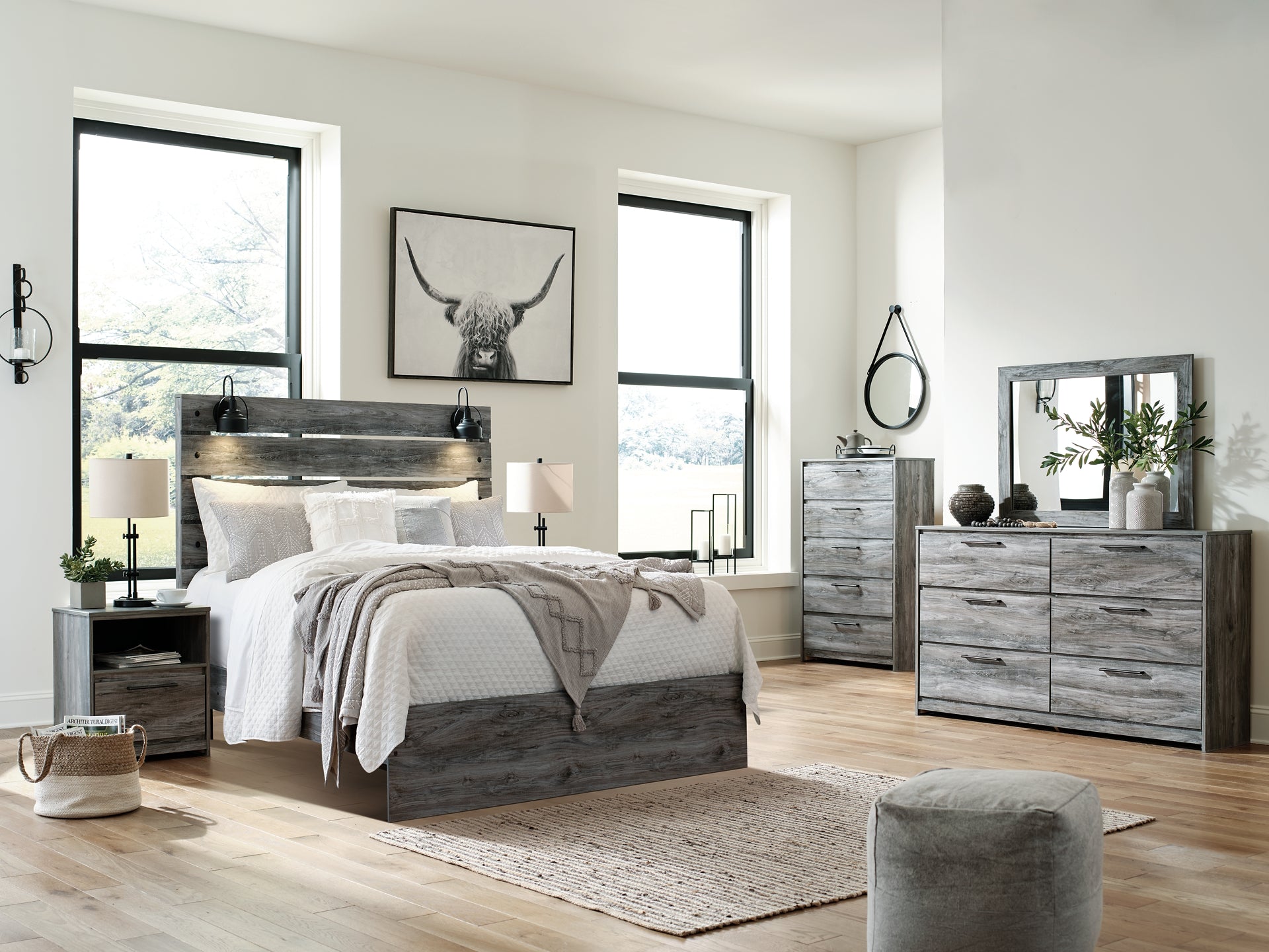 Baystorm Queen Panel Bed with Mirrored Dresser, Chest and 2 Nightstands Milwaukee Furniture of Chicago - Furniture Store in Chicago Serving Humbolt Park, Roscoe Village, Avondale, & Homan Square