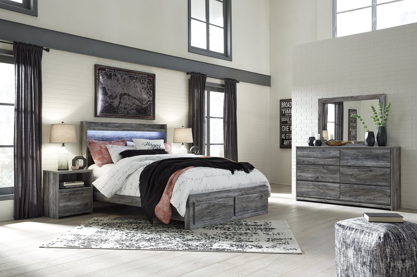 Baystorm Queen Panel Bed with 2 Storage Drawers with Mirrored Dresser and Nightstand Milwaukee Furniture of Chicago - Furniture Store in Chicago Serving Humbolt Park, Roscoe Village, Avondale, & Homan Square