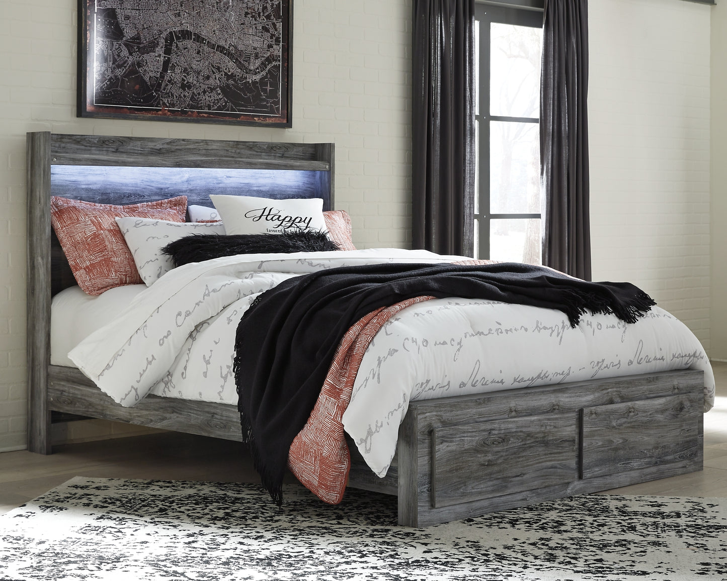 Baystorm Queen Panel Bed with 2 Storage Drawers with Mirrored Dresser and Nightstand Milwaukee Furniture of Chicago - Furniture Store in Chicago Serving Humbolt Park, Roscoe Village, Avondale, & Homan Square