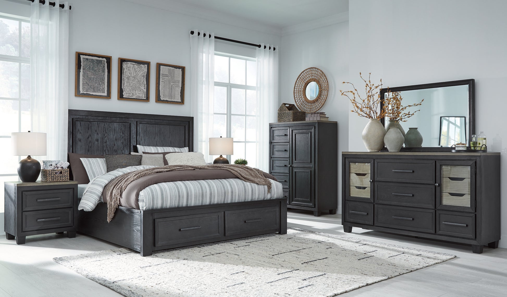 Foyland Queen Panel Storage Bed with Mirrored Dresser, Chest and 2 Nightstands Milwaukee Furniture of Chicago - Furniture Store in Chicago Serving Humbolt Park, Roscoe Village, Avondale, & Homan Square