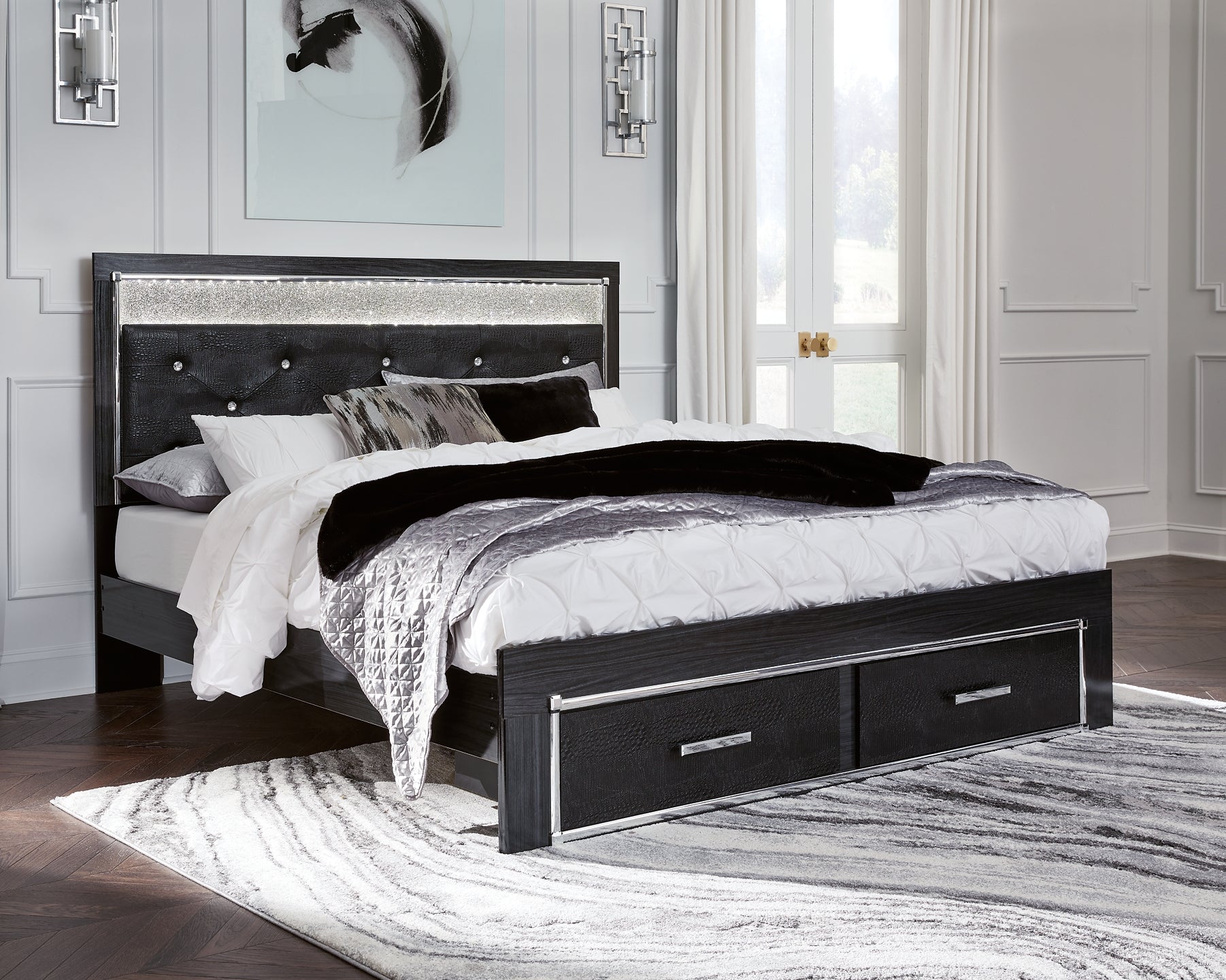 Kaydell King Upholstered Panel Storage Platform Bed with Mirrored Dresser Milwaukee Furniture of Chicago - Furniture Store in Chicago Serving Humbolt Park, Roscoe Village, Avondale, & Homan Square