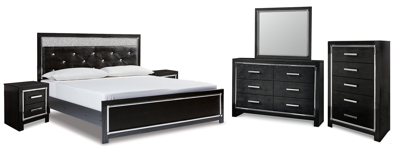 Kaydell King Upholstered Panel Platform Bed with Mirrored Dresser, Chest and 2 Nightstands Milwaukee Furniture of Chicago - Furniture Store in Chicago Serving Humbolt Park, Roscoe Village, Avondale, & Homan Square