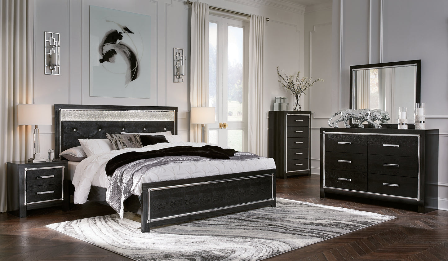 Kaydell King Upholstered Panel Platform Bed with Mirrored Dresser, Chest and 2 Nightstands Milwaukee Furniture of Chicago - Furniture Store in Chicago Serving Humbolt Park, Roscoe Village, Avondale, & Homan Square