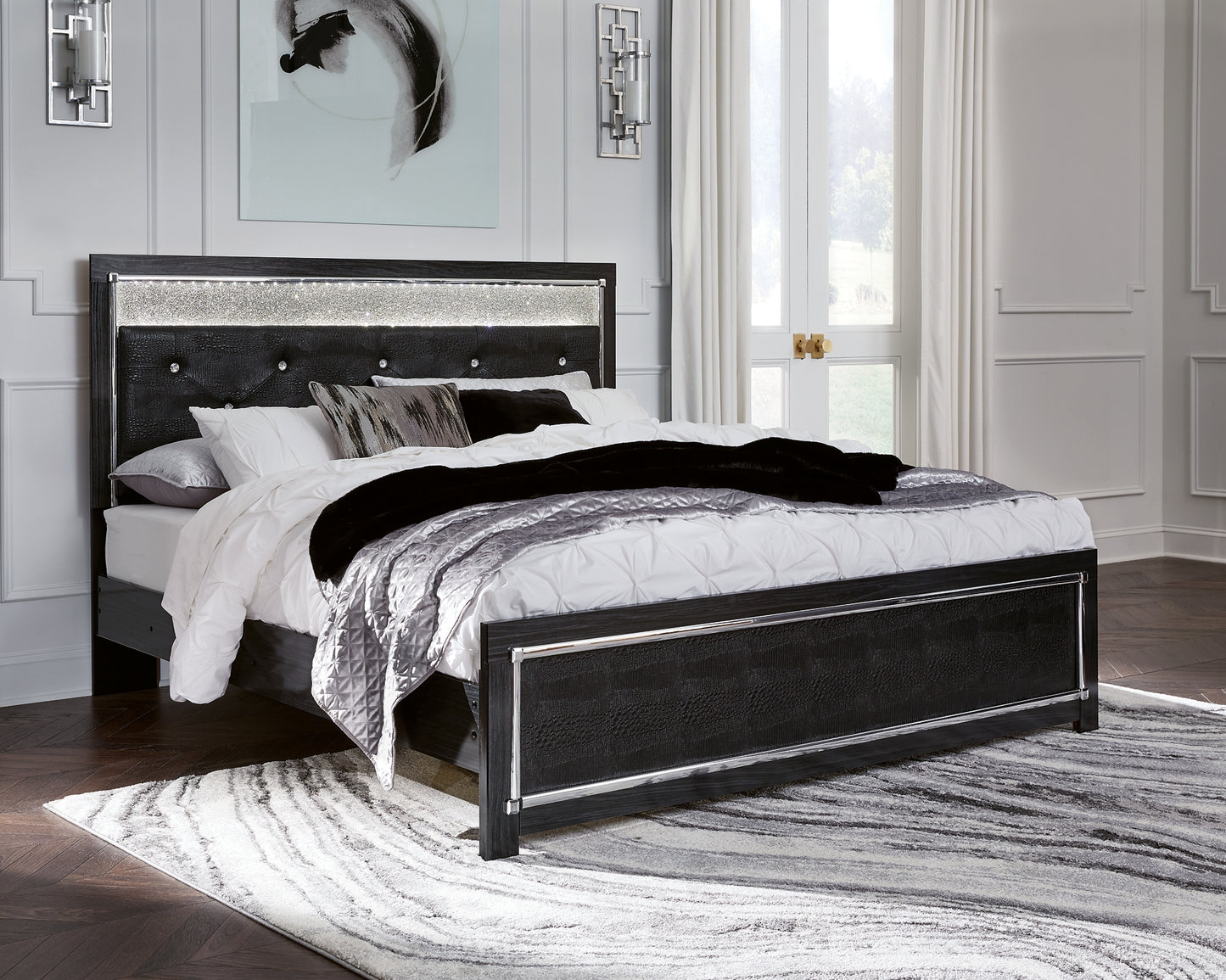 Kaydell King Upholstered Panel Platform Bed with Mirrored Dresser, Chest and 2 Nightstands Milwaukee Furniture of Chicago - Furniture Store in Chicago Serving Humbolt Park, Roscoe Village, Avondale, & Homan Square