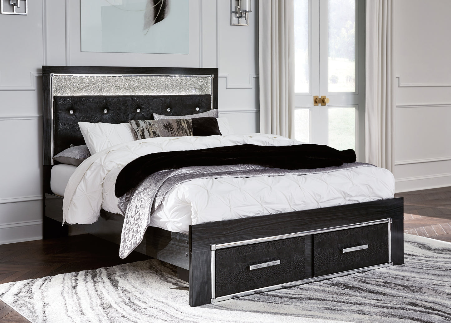 Kaydell Queen Upholstered Panel Storage Platform Bed with Mirrored Dresser Milwaukee Furniture of Chicago - Furniture Store in Chicago Serving Humbolt Park, Roscoe Village, Avondale, & Homan Square